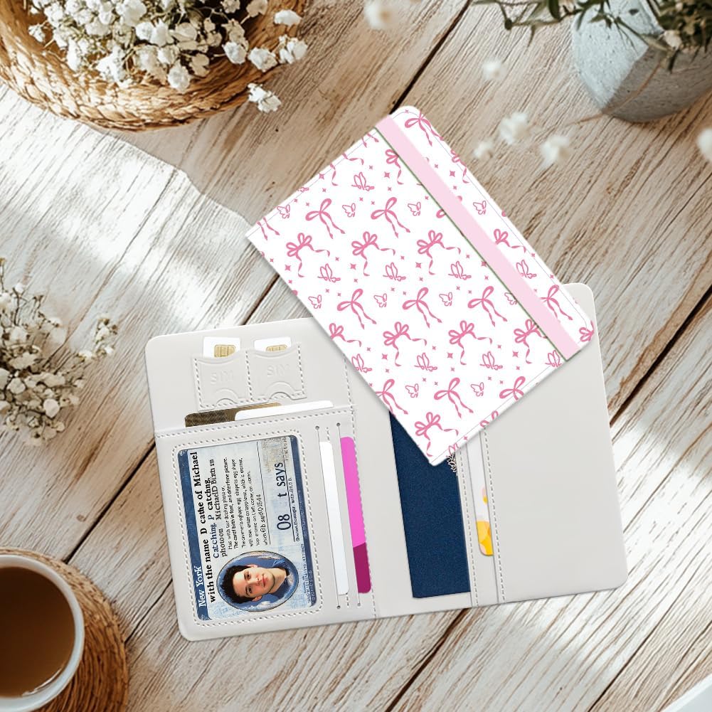 Pink Bow Ties Leather Passport Holder Cover Butteryfly Travel Wallet Passport Case with Credit Card Slots for Women Men Travelling Essentials for Flying