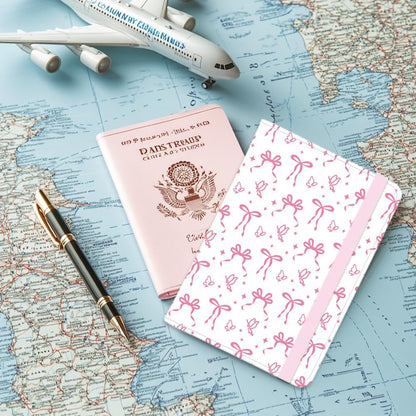 Pink Bow Ties Leather Passport Holder Cover Butteryfly Travel Wallet Passport Case with Credit Card Slots for Women Men Travelling Essentials for Flying
