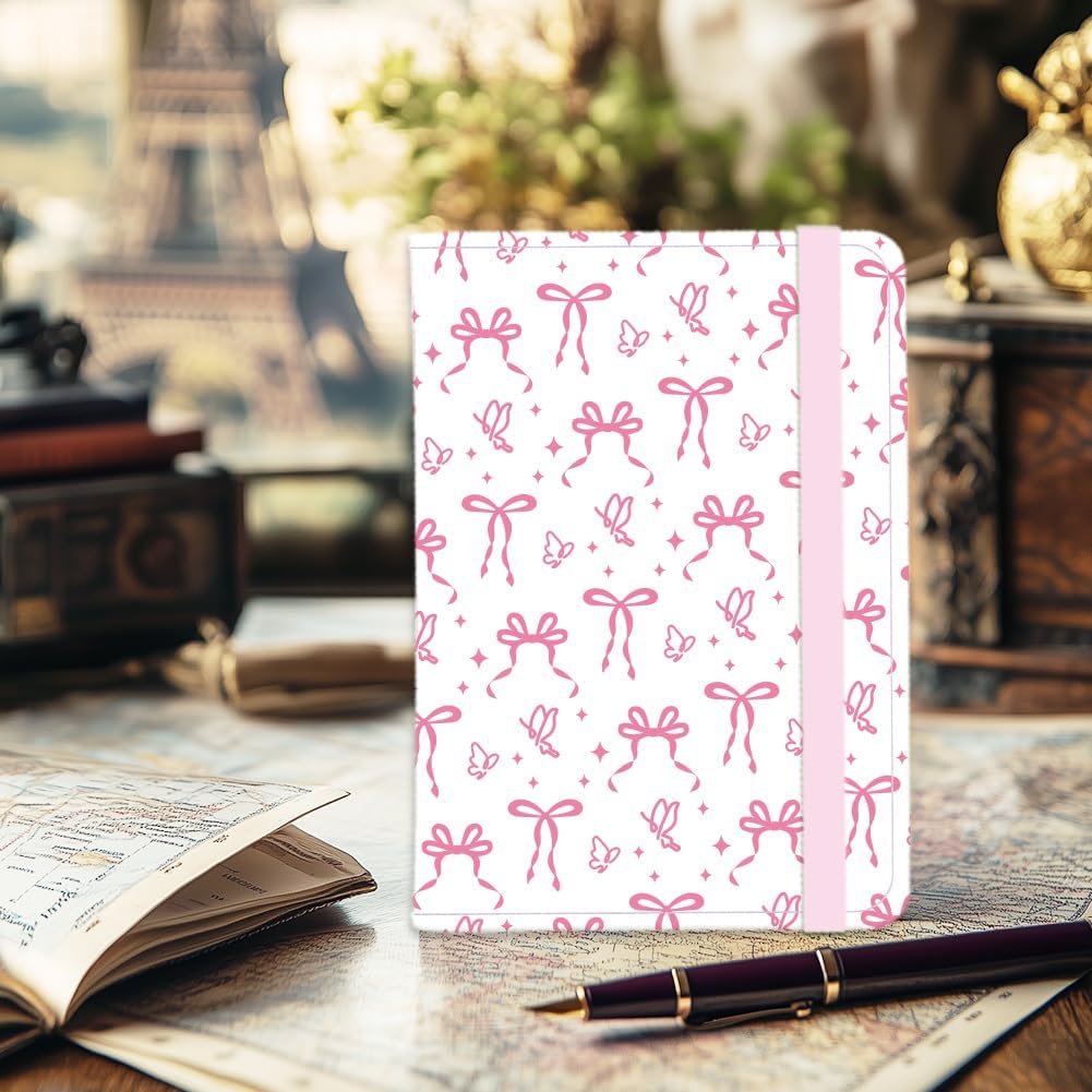 Pink Bow Ties Leather Passport Holder Cover Butteryfly Travel Wallet Passport Case with Credit Card Slots for Women Men Travelling Essentials for Flying