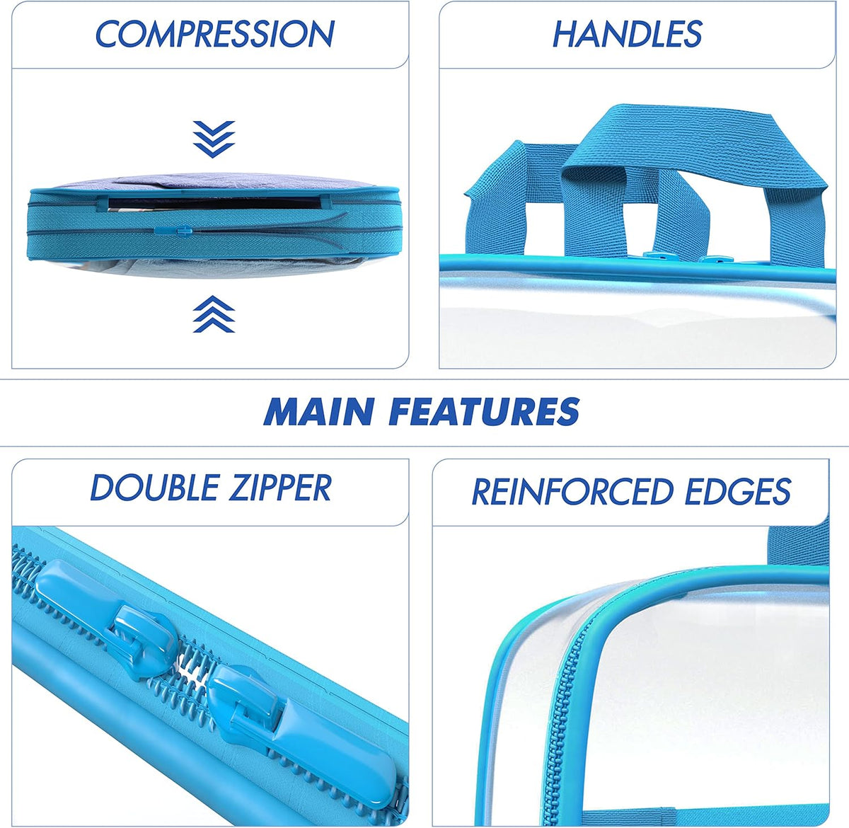 Clear Compression Packing Cubes 3 Set - Bags for Travel - Luggage Cube Organizer - Blue