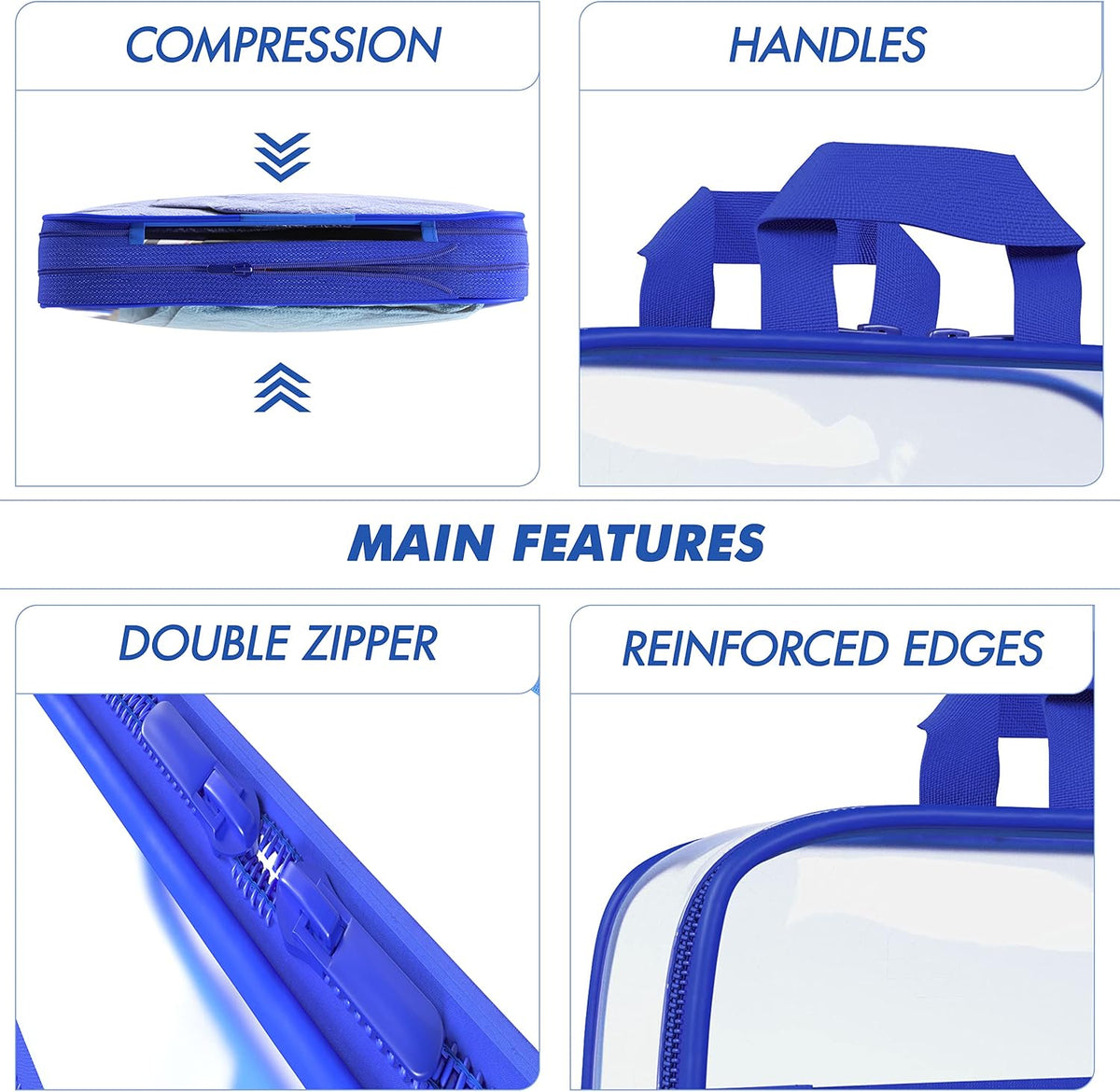 Clear Compression Packing Cubes 3 Set - Bags for Travel - Luggage Cube Organizer - Blue