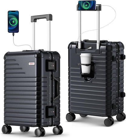 20 Inch Carry on Luggage Airline Approved, Zipperless Hard Shell Suitcase | Cup Holder, PC Aluminum Frame, 360° Spinner Wheels, 22x14x9, TSA Lock, USB Charging Port, Short Trips and Business Travel