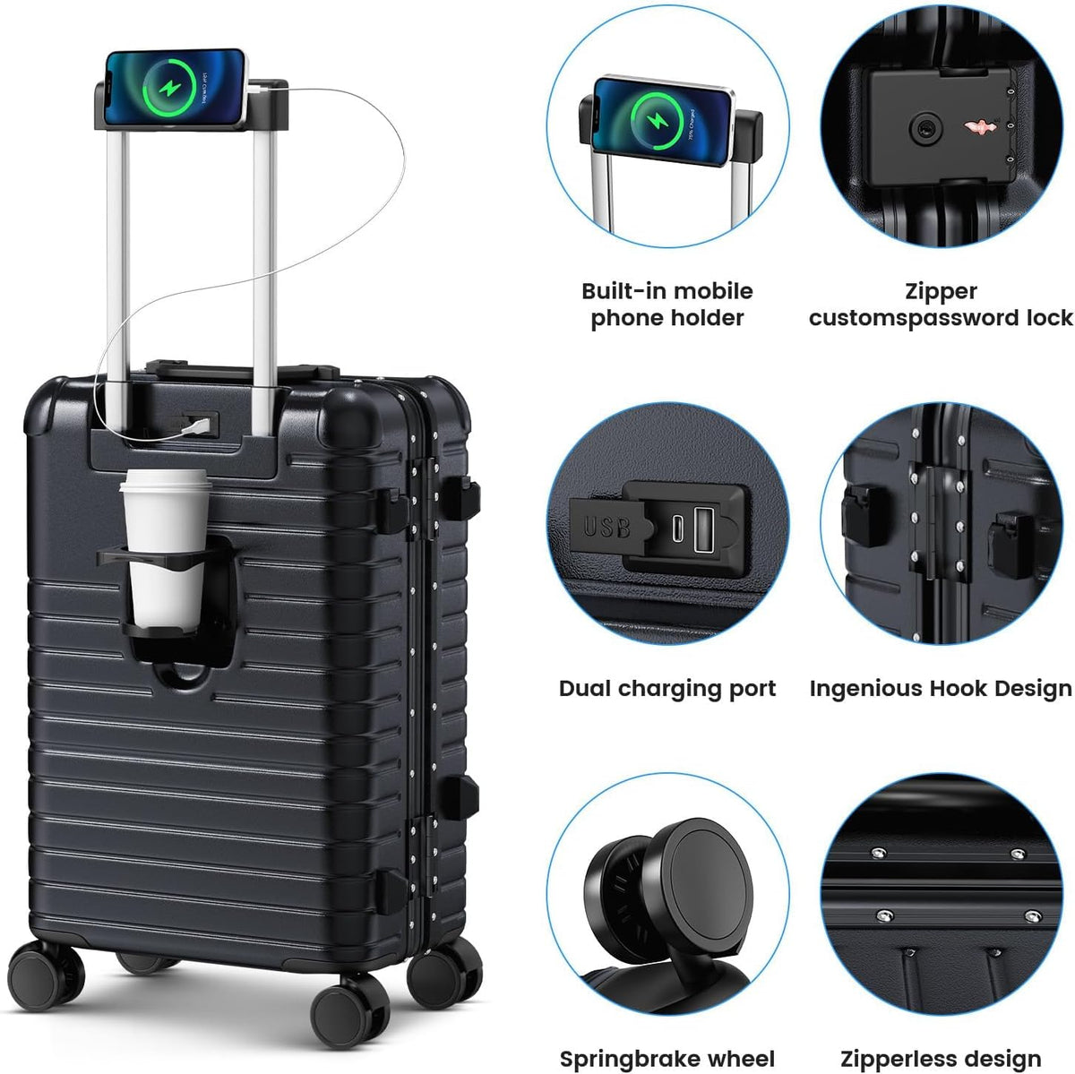 20 Inch Carry on Luggage Airline Approved, Zipperless Hard Shell Suitcase | Cup Holder, PC Aluminum Frame, 360° Spinner Wheels, 22x14x9, TSA Lock, USB Charging Port, Short Trips and Business Travel