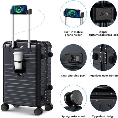 20 Inch Carry on Luggage Airline Approved, Zipperless Hard Shell Suitcase | Cup Holder, PC Aluminum Frame, 360° Spinner Wheels, 22x14x9, TSA Lock, USB Charging Port, Short Trips and Business Travel