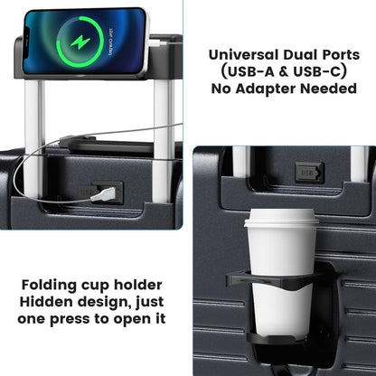 20 Inch Carry on Luggage Airline Approved, Zipperless Hard Shell Suitcase | Cup Holder, PC Aluminum Frame, 360° Spinner Wheels, 22x14x9, TSA Lock, USB Charging Port, Short Trips and Business Travel