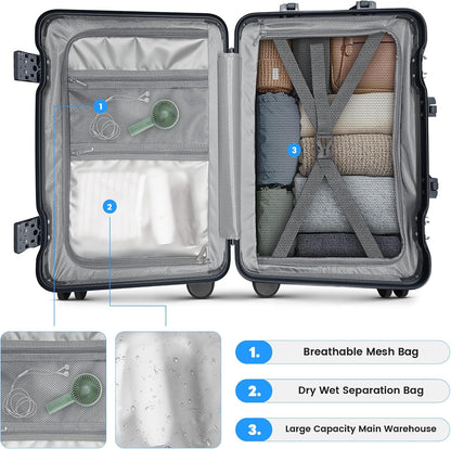 20 Inch Carry on Luggage Airline Approved, Zipperless Hard Shell Suitcase | Cup Holder, PC Aluminum Frame, 360° Spinner Wheels, 22x14x9, TSA Lock, USB Charging Port, Short Trips and Business Travel