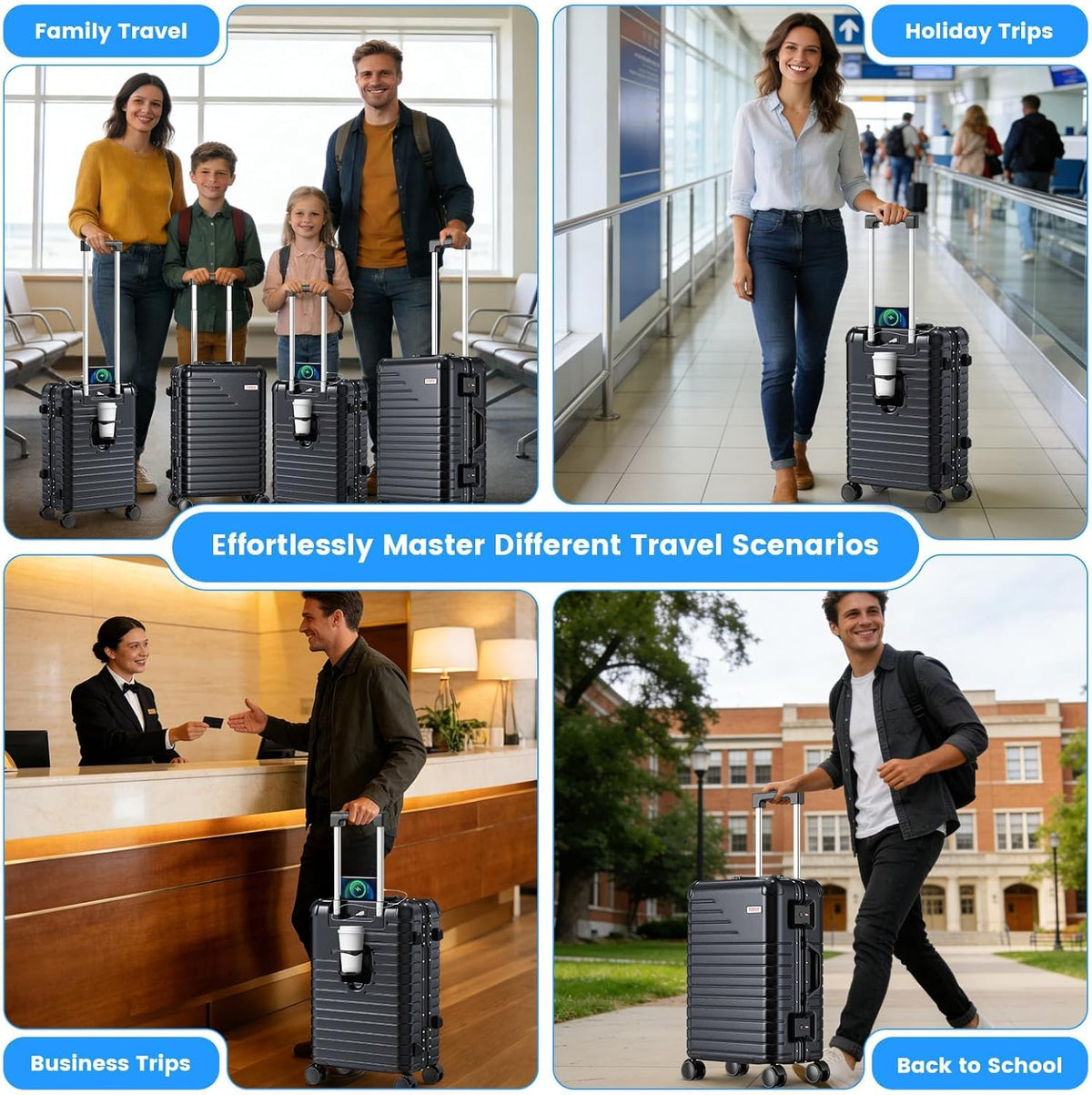 20 Inch Carry on Luggage Airline Approved, Zipperless Hard Shell Suitcase | Cup Holder, PC Aluminum Frame, 360° Spinner Wheels, 22x14x9, TSA Lock, USB Charging Port, Short Trips and Business Travel