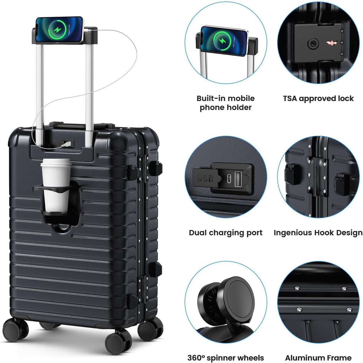 20 Inch Carry on Luggage Airline Approved, Zipperless Hard Shell Suitcase | Cup Holder, PC Aluminum Frame, 360° Spinner Wheels, 22x14x9, TSA Lock, USB Charging Port, Short Trips and Business Travel