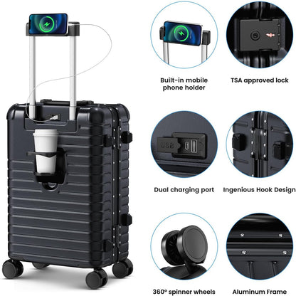 20 Inch Carry on Luggage Airline Approved, Zipperless Hard Shell Suitcase | Cup Holder, PC Aluminum Frame, 360° Spinner Wheels, 22x14x9, TSA Lock, USB Charging Port, Short Trips and Business Travel