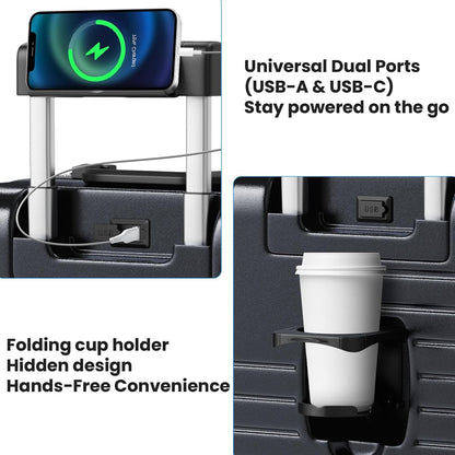 20 Inch Carry on Luggage Airline Approved, Zipperless Hard Shell Suitcase | Cup Holder, PC Aluminum Frame, 360° Spinner Wheels, 22x14x9, TSA Lock, USB Charging Port, Short Trips and Business Travel