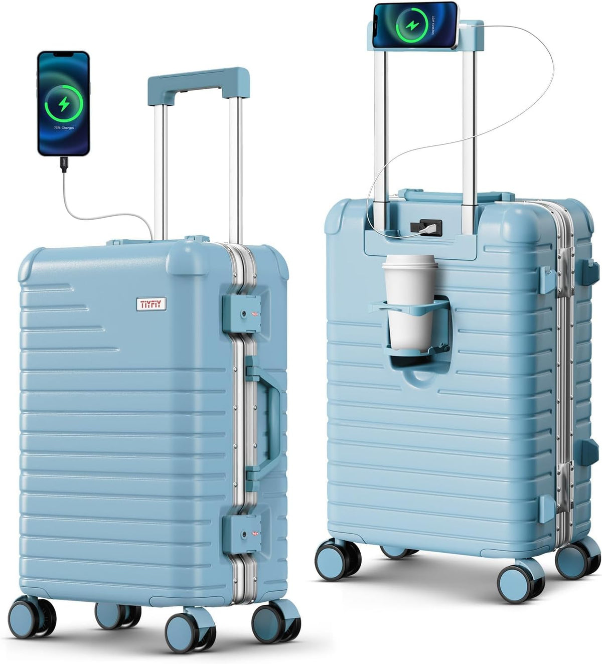 20 Inch Carry on Luggage Airline Approved, Zipperless Hard Shell Suitcase | Cup Holder, PC Aluminum Frame, 360° Spinner Wheels, 22x14x9, TSA Lock, USB Charging Port, Short Trips and Business Travel