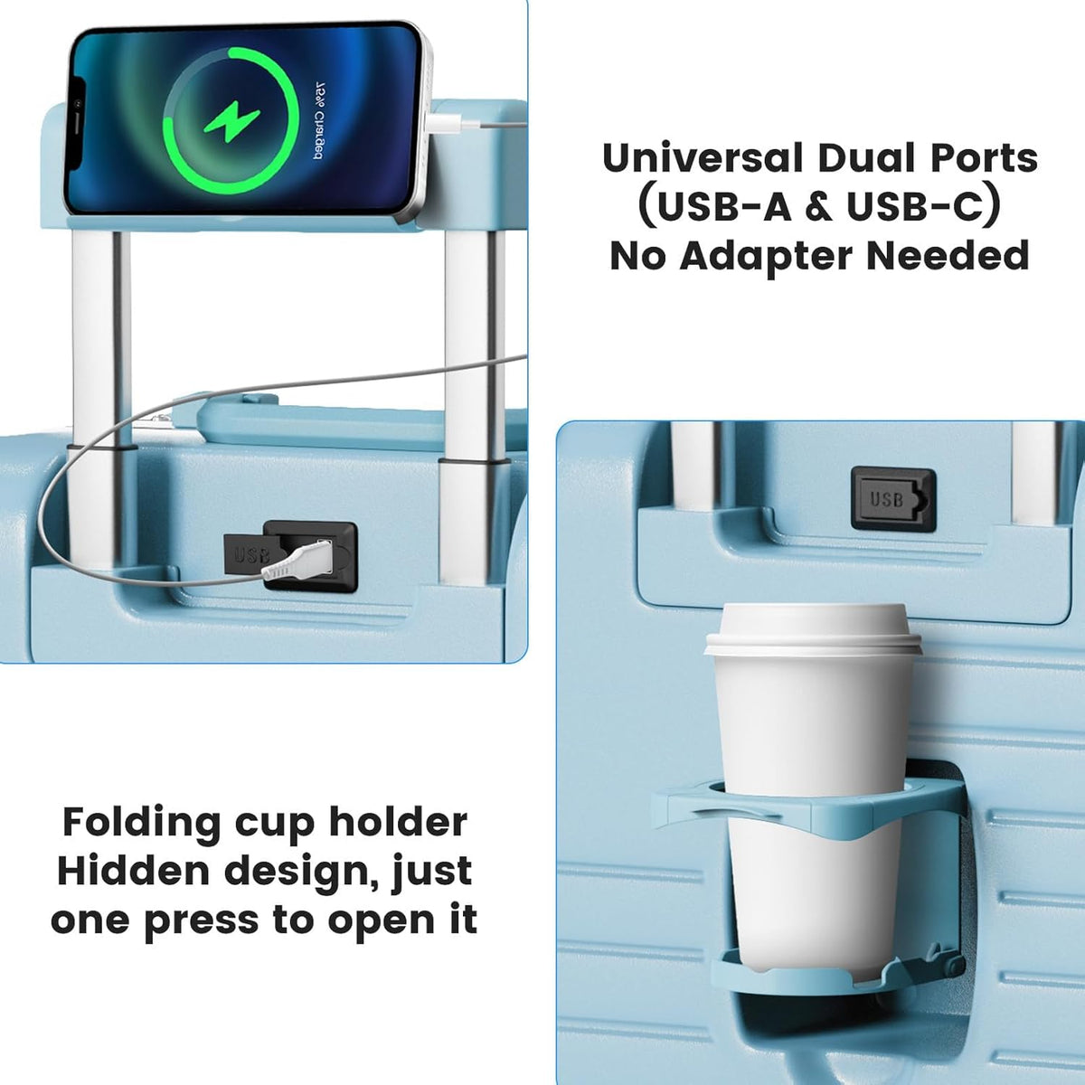 20 Inch Carry on Luggage Airline Approved, Zipperless Hard Shell Suitcase | Cup Holder, PC Aluminum Frame, 360° Spinner Wheels, 22x14x9, TSA Lock, USB Charging Port, Short Trips and Business Travel