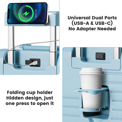 20 Inch Carry on Luggage Airline Approved, Zipperless Hard Shell Suitcase | Cup Holder, PC Aluminum Frame, 360° Spinner Wheels, 22x14x9, TSA Lock, USB Charging Port, Short Trips and Business Travel
