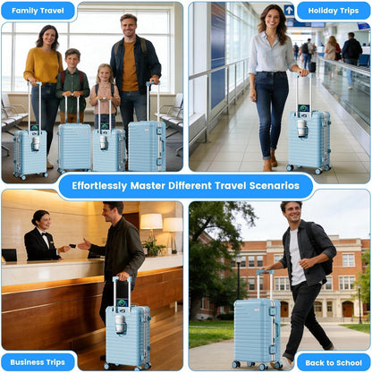 20 Inch Carry on Luggage Airline Approved, Zipperless Hard Shell Suitcase | Cup Holder, PC Aluminum Frame, 360° Spinner Wheels, 22x14x9, TSA Lock, USB Charging Port, Short Trips and Business Travel