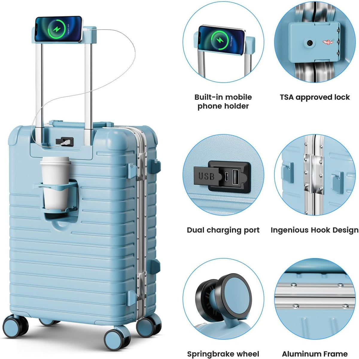 20 Inch Carry on Luggage Airline Approved, Zipperless Hard Shell Suitcase | Cup Holder, PC Aluminum Frame, 360° Spinner Wheels, 22x14x9, TSA Lock, USB Charging Port, Short Trips and Business Travel