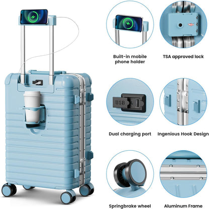 20 Inch Carry on Luggage Airline Approved, Zipperless Hard Shell Suitcase | Cup Holder, PC Aluminum Frame, 360° Spinner Wheels, 22x14x9, TSA Lock, USB Charging Port, Short Trips and Business Travel