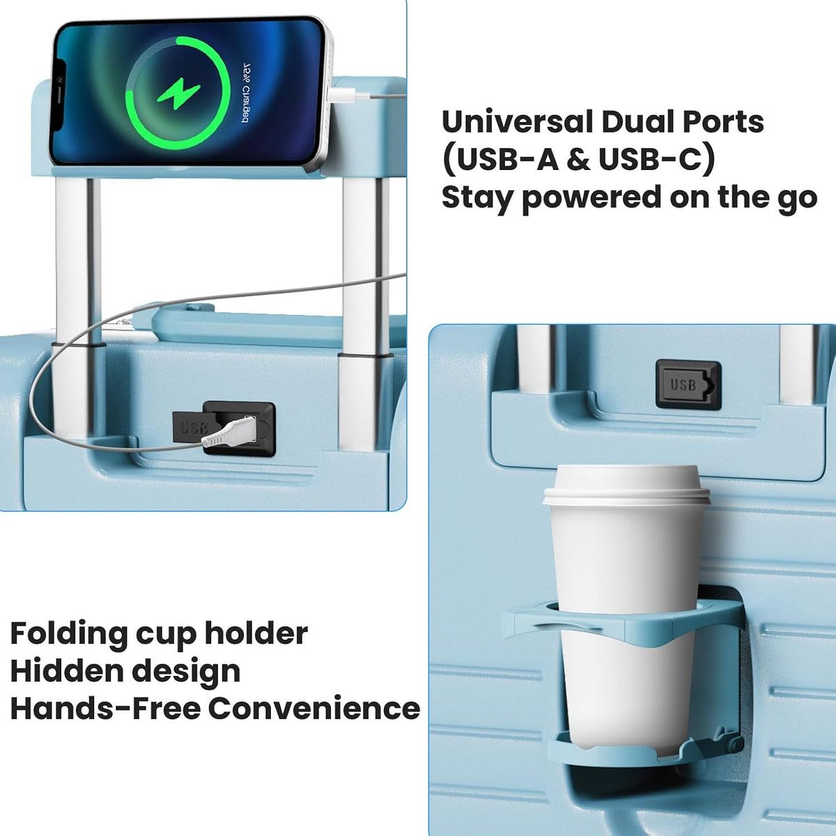 20 Inch Carry on Luggage Airline Approved, Zipperless Hard Shell Suitcase | Cup Holder, PC Aluminum Frame, 360° Spinner Wheels, 22x14x9, TSA Lock, USB Charging Port, Short Trips and Business Travel
