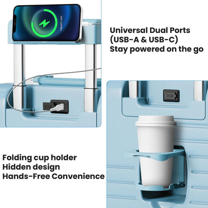 20 Inch Carry on Luggage Airline Approved, Zipperless Hard Shell Suitcase | Cup Holder, PC Aluminum Frame, 360° Spinner Wheels, 22x14x9, TSA Lock, USB Charging Port, Short Trips and Business Travel