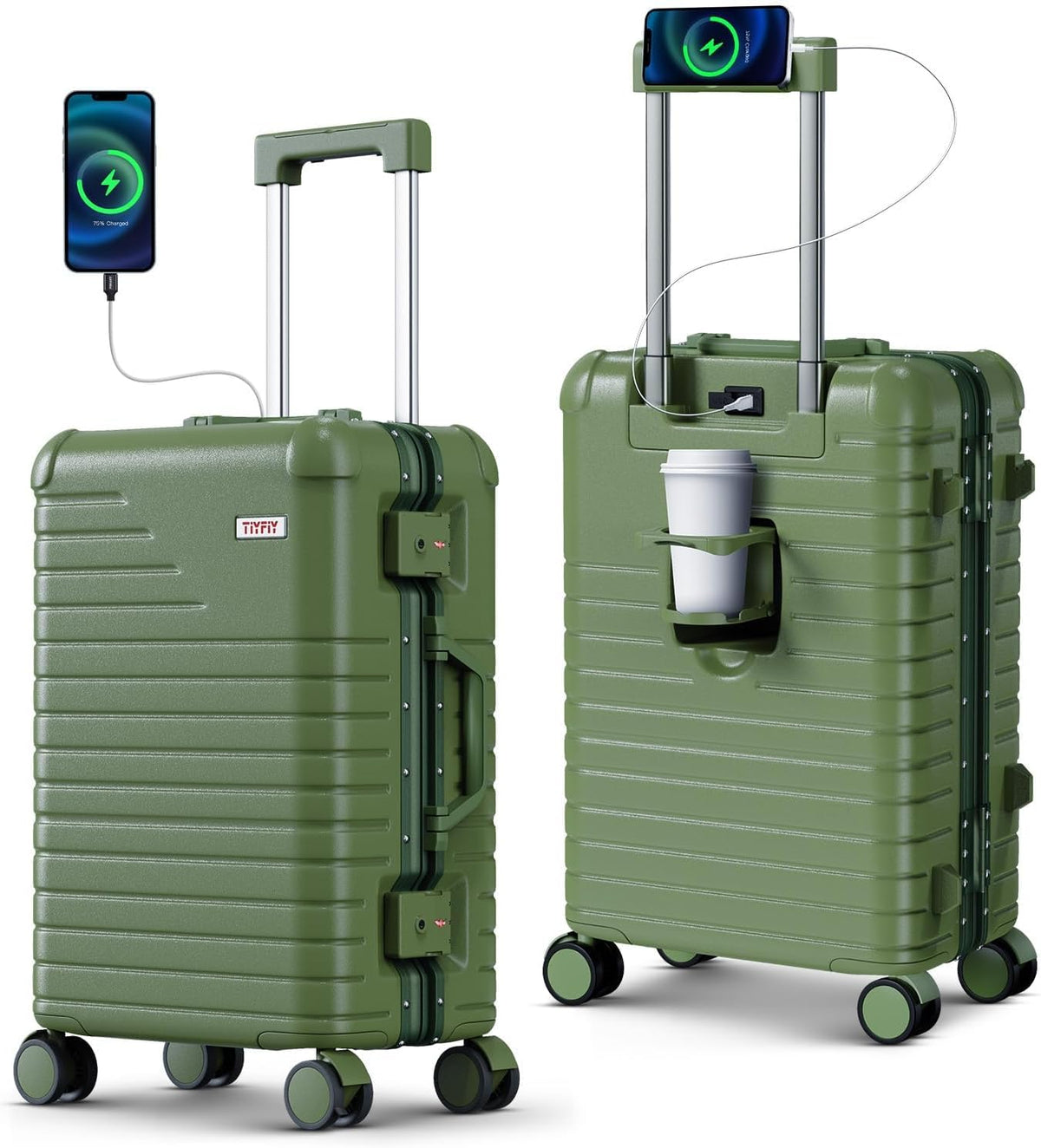 20 Inch Carry on Luggage Airline Approved, Zipperless Hard Shell Suitcase | Cup Holder, PC Aluminum Frame, 360° Spinner Wheels, 22x14x9, TSA Lock, USB Charging Port, Short Trips and Business Travel