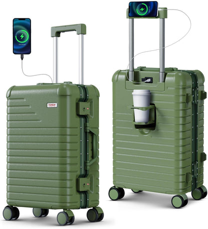 20 Inch Carry on Luggage Airline Approved, Zipperless Hard Shell Suitcase | Cup Holder, PC Aluminum Frame, 360° Spinner Wheels, 22x14x9, TSA Lock, USB Charging Port, Short Trips and Business Travel