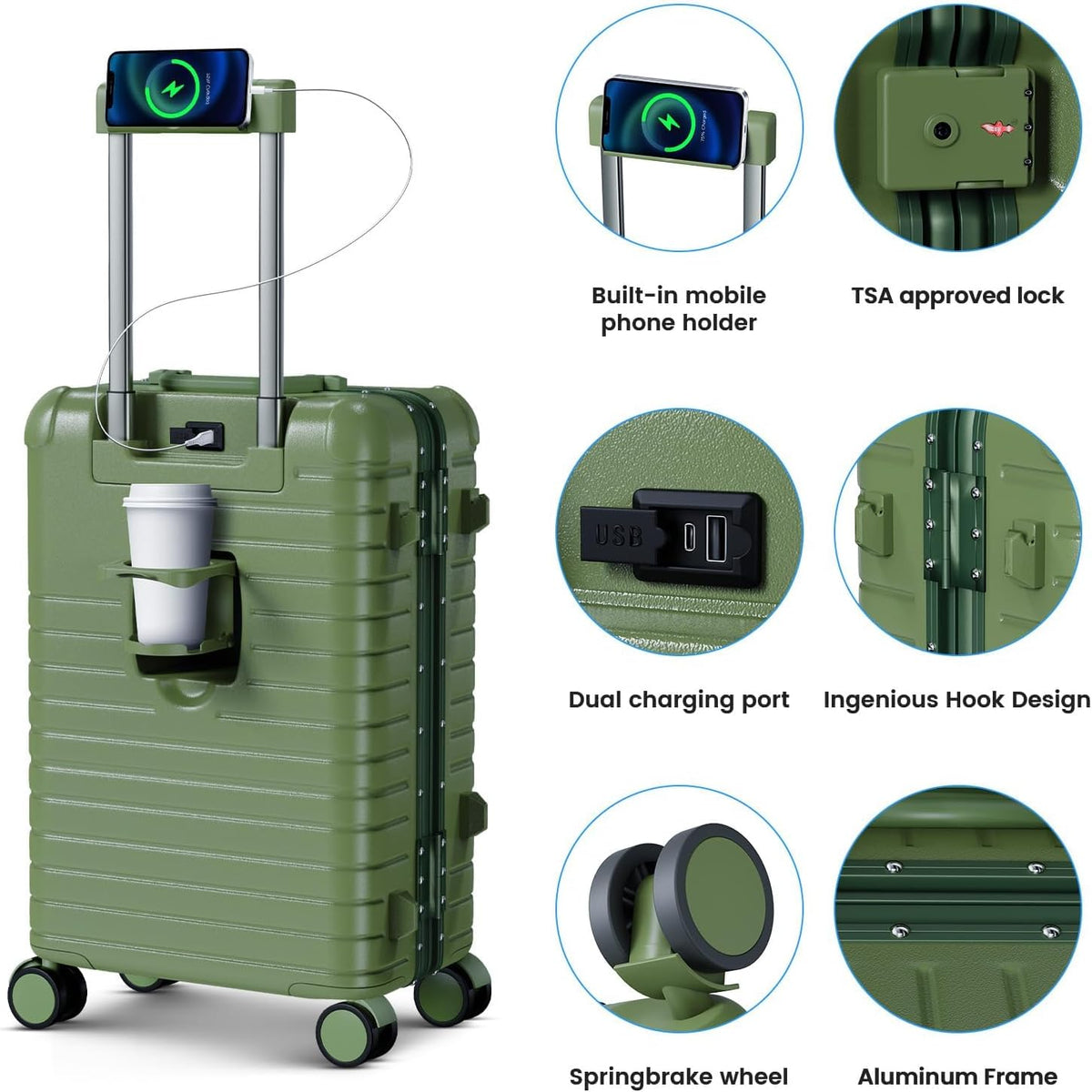20 Inch Carry on Luggage Airline Approved, Zipperless Hard Shell Suitcase | Cup Holder, PC Aluminum Frame, 360° Spinner Wheels, 22x14x9, TSA Lock, USB Charging Port, Short Trips and Business Travel