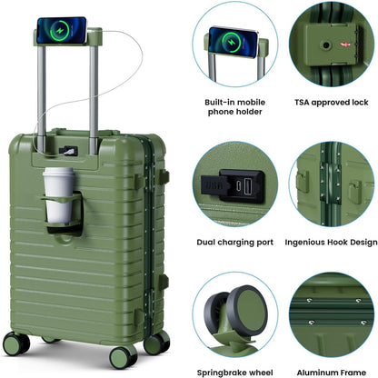20 Inch Carry on Luggage Airline Approved, Zipperless Hard Shell Suitcase | Cup Holder, PC Aluminum Frame, 360° Spinner Wheels, 22x14x9, TSA Lock, USB Charging Port, Short Trips and Business Travel