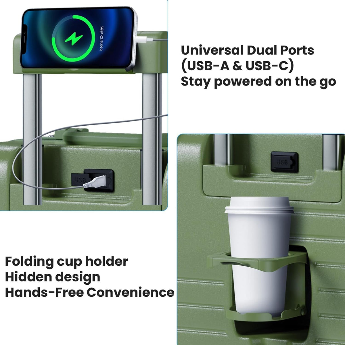 20 Inch Carry on Luggage Airline Approved, Zipperless Hard Shell Suitcase | Cup Holder, PC Aluminum Frame, 360° Spinner Wheels, 22x14x9, TSA Lock, USB Charging Port, Short Trips and Business Travel