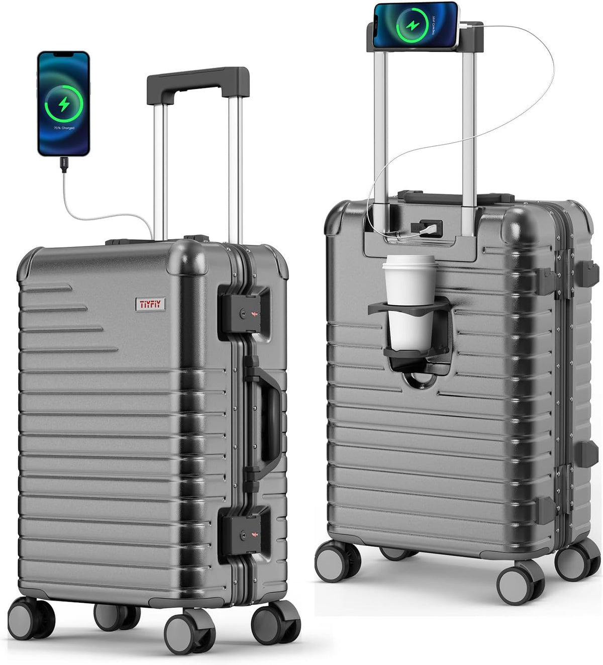 20 Inch Carry on Luggage Airline Approved, Zipperless Hard Shell Suitcase | Cup Holder, PC Aluminum Frame, 360° Spinner Wheels, 22x14x9, TSA Lock, USB Charging Port, Short Trips and Business Travel