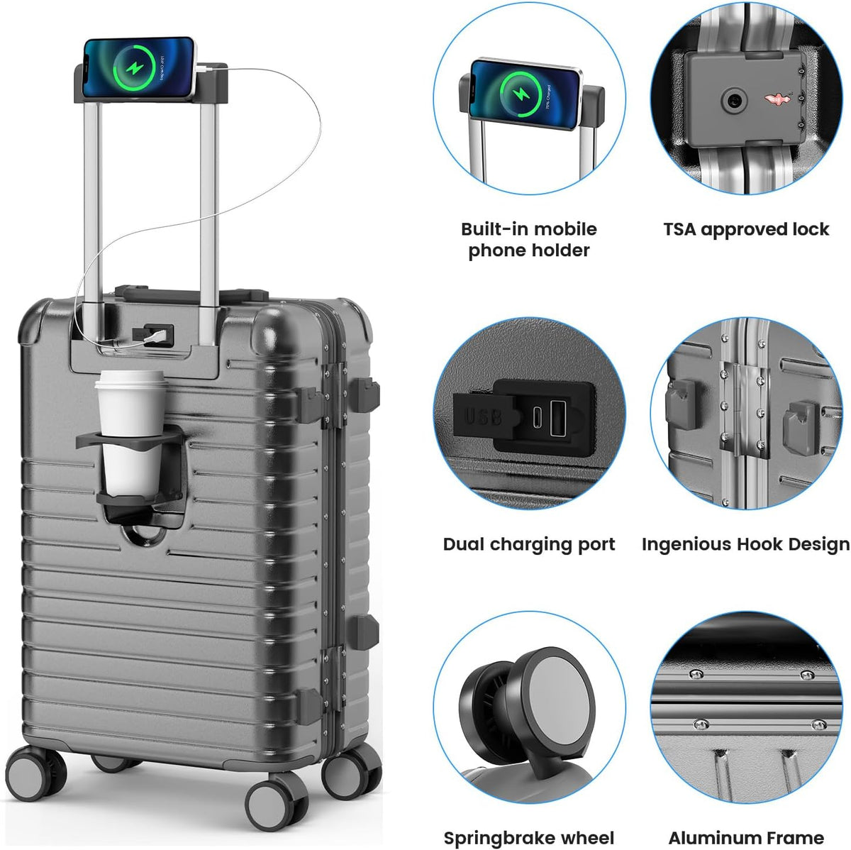 20 Inch Carry on Luggage Airline Approved, Zipperless Hard Shell Suitcase | Cup Holder, PC Aluminum Frame, 360° Spinner Wheels, 22x14x9, TSA Lock, USB Charging Port, Short Trips and Business Travel