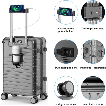20 Inch Carry on Luggage Airline Approved, Zipperless Hard Shell Suitcase | Cup Holder, PC Aluminum Frame, 360° Spinner Wheels, 22x14x9, TSA Lock, USB Charging Port, Short Trips and Business Travel