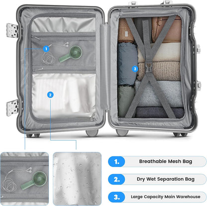 20 Inch Carry on Luggage Airline Approved, Zipperless Hard Shell Suitcase | Cup Holder, PC Aluminum Frame, 360° Spinner Wheels, 22x14x9, TSA Lock, USB Charging Port, Short Trips and Business Travel