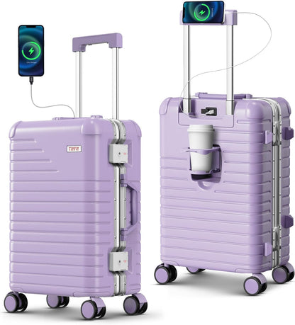20 Inch Carry on Luggage Airline Approved, Zipperless Hard Shell Suitcase | Cup Holder, PC Aluminum Frame, 360° Spinner Wheels, 22x14x9, TSA Lock, USB Charging Port, Short Trips and Business Travel