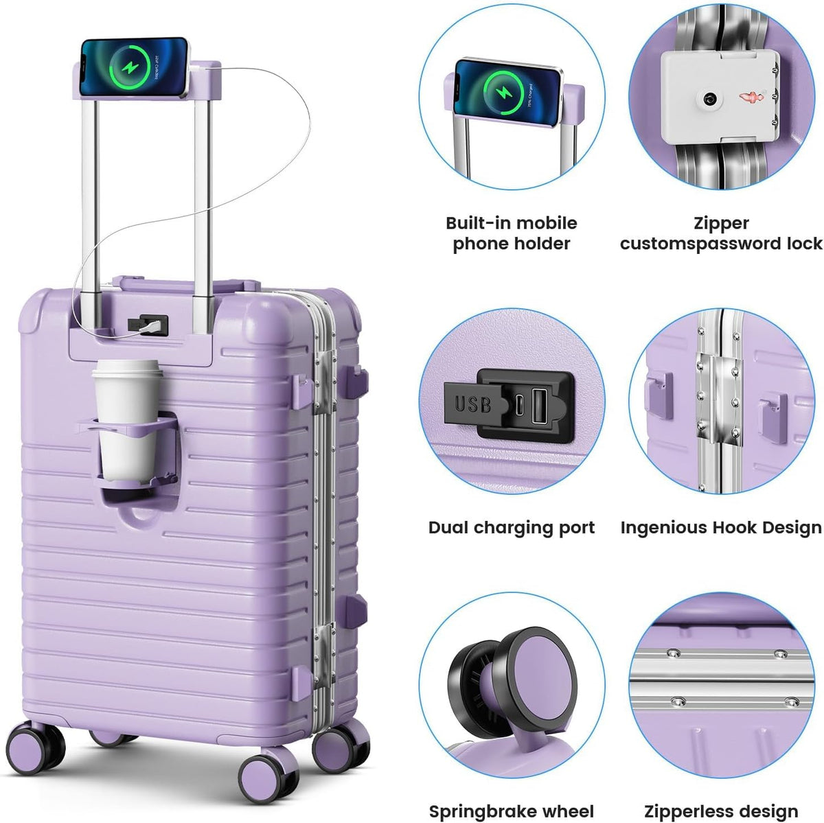 20 Inch Carry on Luggage Airline Approved, Zipperless Hard Shell Suitcase | Cup Holder, PC Aluminum Frame, 360° Spinner Wheels, 22x14x9, TSA Lock, USB Charging Port, Short Trips and Business Travel