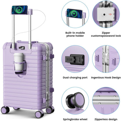 20 Inch Carry on Luggage Airline Approved, Zipperless Hard Shell Suitcase | Cup Holder, PC Aluminum Frame, 360° Spinner Wheels, 22x14x9, TSA Lock, USB Charging Port, Short Trips and Business Travel