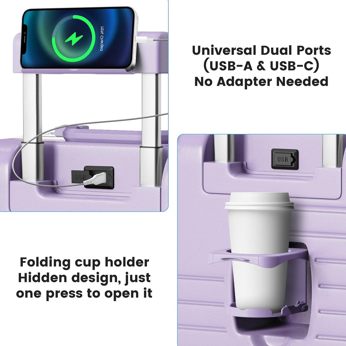 20 Inch Carry on Luggage Airline Approved, Zipperless Hard Shell Suitcase | Cup Holder, PC Aluminum Frame, 360° Spinner Wheels, 22x14x9, TSA Lock, USB Charging Port, Short Trips and Business Travel