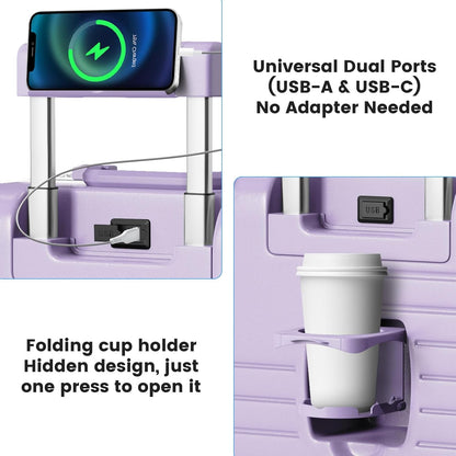 20 Inch Carry on Luggage Airline Approved, Zipperless Hard Shell Suitcase | Cup Holder, PC Aluminum Frame, 360° Spinner Wheels, 22x14x9, TSA Lock, USB Charging Port, Short Trips and Business Travel