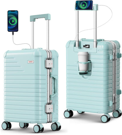 20 Inch Carry on Luggage Airline Approved, Zipperless Hard Shell Suitcase | Cup Holder, PC Aluminum Frame, 360° Spinner Wheels, 22x14x9, TSA Lock, USB Charging Port, Short Trips and Business Travel
