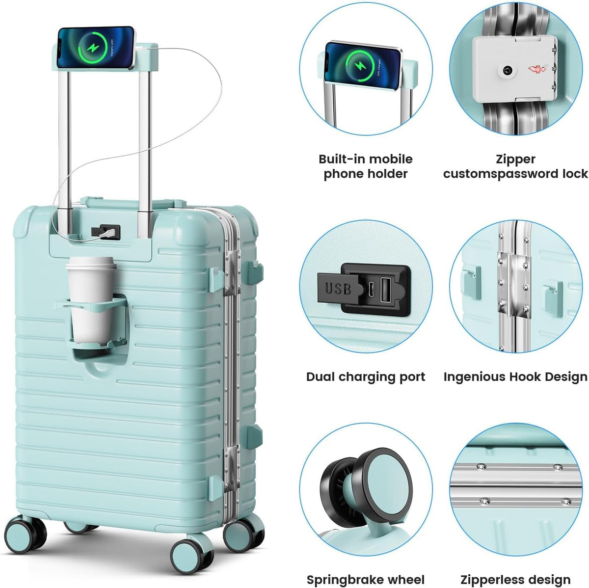 20 Inch Carry on Luggage Airline Approved, Zipperless Hard Shell Suitcase | Cup Holder, PC Aluminum Frame, 360° Spinner Wheels, 22x14x9, TSA Lock, USB Charging Port, Short Trips and Business Travel