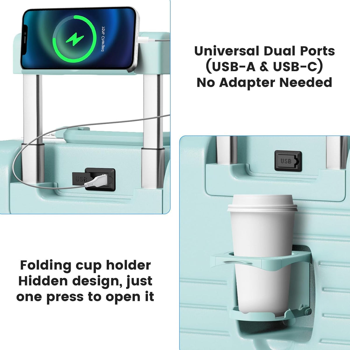 20 Inch Carry on Luggage Airline Approved, Zipperless Hard Shell Suitcase | Cup Holder, PC Aluminum Frame, 360° Spinner Wheels, 22x14x9, TSA Lock, USB Charging Port, Short Trips and Business Travel