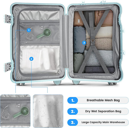 20 Inch Carry on Luggage Airline Approved, Zipperless Hard Shell Suitcase | Cup Holder, PC Aluminum Frame, 360° Spinner Wheels, 22x14x9, TSA Lock, USB Charging Port, Short Trips and Business Travel