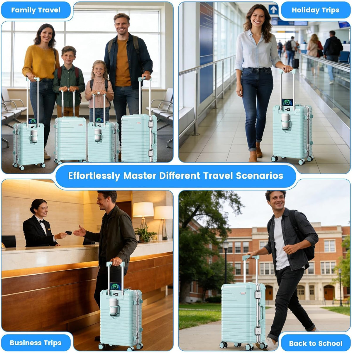 20 Inch Carry on Luggage Airline Approved, Zipperless Hard Shell Suitcase | Cup Holder, PC Aluminum Frame, 360° Spinner Wheels, 22x14x9, TSA Lock, USB Charging Port, Short Trips and Business Travel