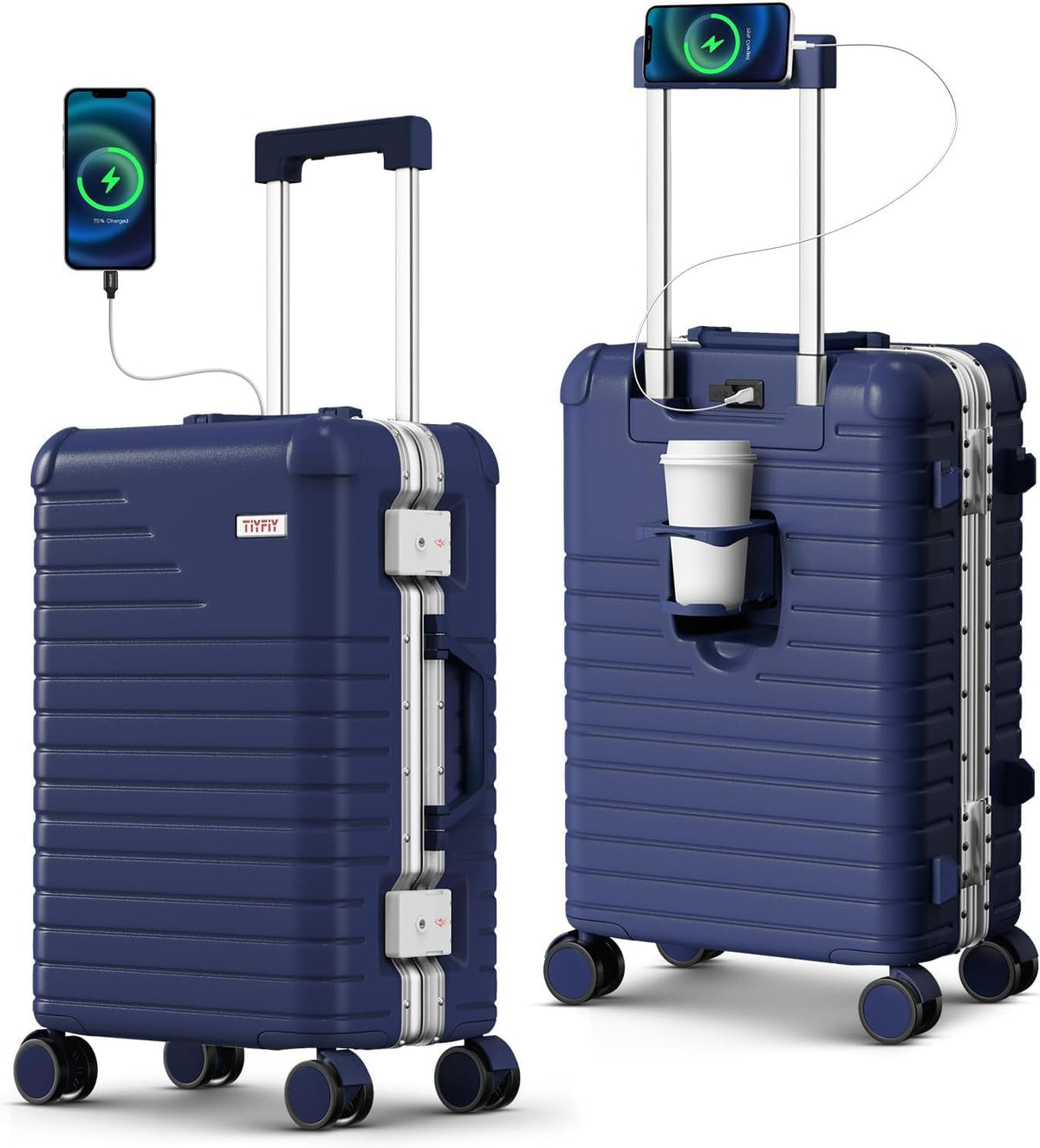 20 Inch Carry on Luggage Airline Approved, Zipperless Hard Shell Suitcase | Cup Holder, PC Aluminum Frame, 360° Spinner Wheels, 22x14x9, TSA Lock, USB Charging Port, Short Trips and Business Travel
