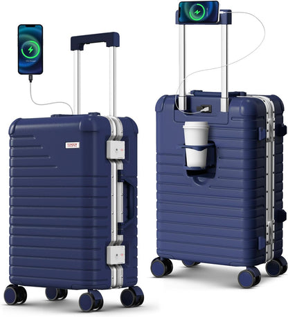 20 Inch Carry on Luggage Airline Approved, Zipperless Hard Shell Suitcase | Cup Holder, PC Aluminum Frame, 360° Spinner Wheels, 22x14x9, TSA Lock, USB Charging Port, Short Trips and Business Travel