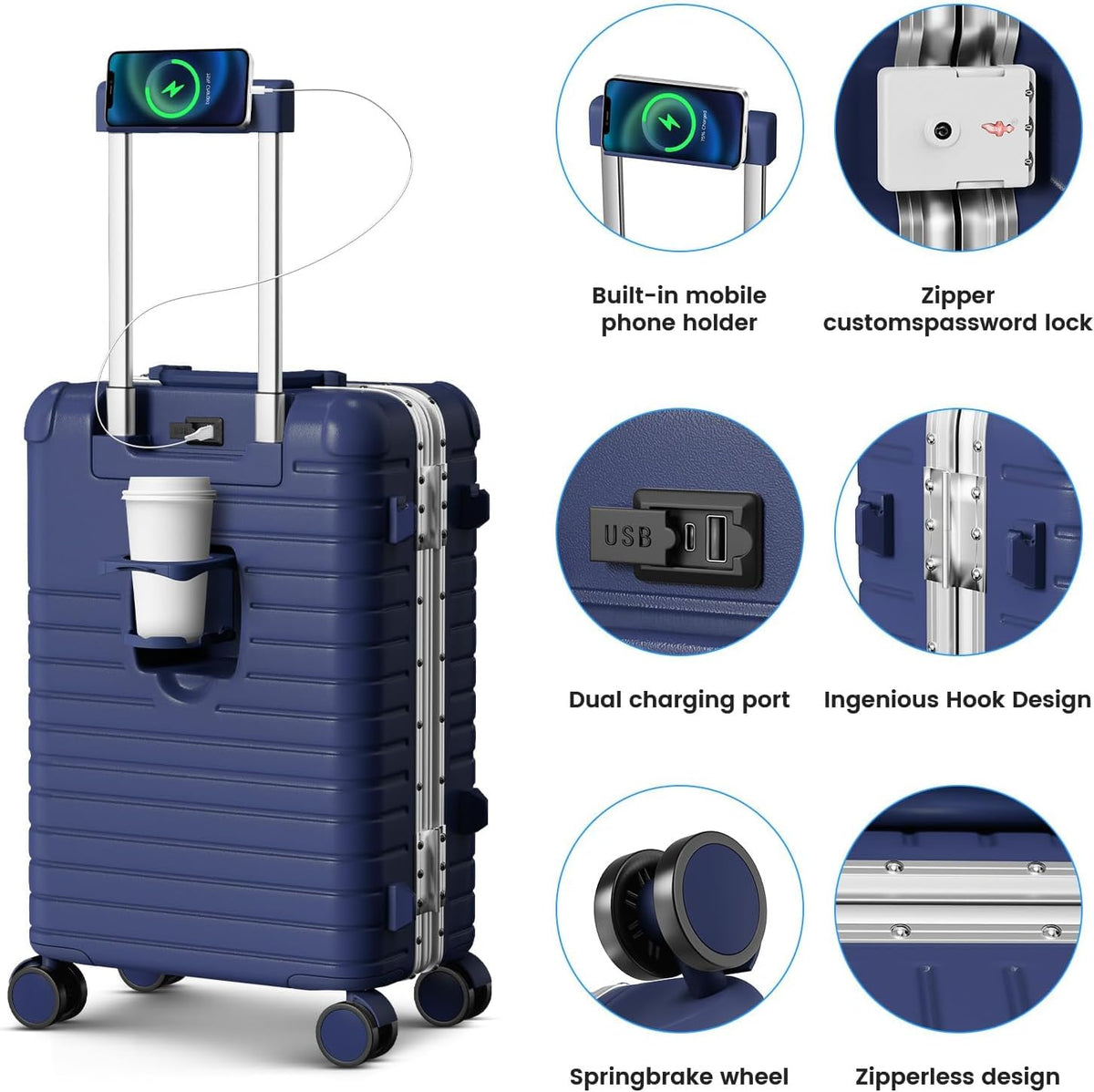 20 Inch Carry on Luggage Airline Approved, Zipperless Hard Shell Suitcase | Cup Holder, PC Aluminum Frame, 360° Spinner Wheels, 22x14x9, TSA Lock, USB Charging Port, Short Trips and Business Travel