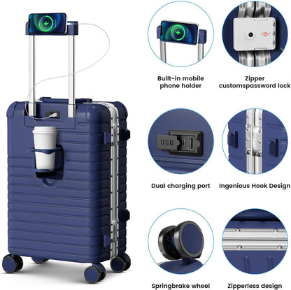 20 Inch Carry on Luggage Airline Approved, Zipperless Hard Shell Suitcase | Cup Holder, PC Aluminum Frame, 360° Spinner Wheels, 22x14x9, TSA Lock, USB Charging Port, Short Trips and Business Travel