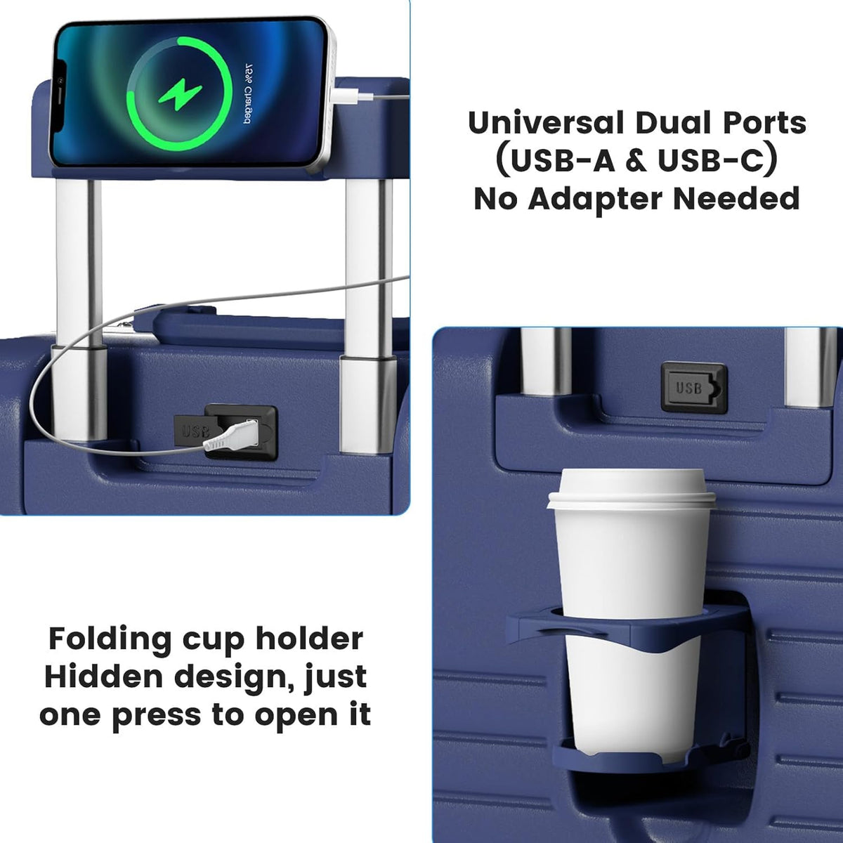 20 Inch Carry on Luggage Airline Approved, Zipperless Hard Shell Suitcase | Cup Holder, PC Aluminum Frame, 360° Spinner Wheels, 22x14x9, TSA Lock, USB Charging Port, Short Trips and Business Travel
