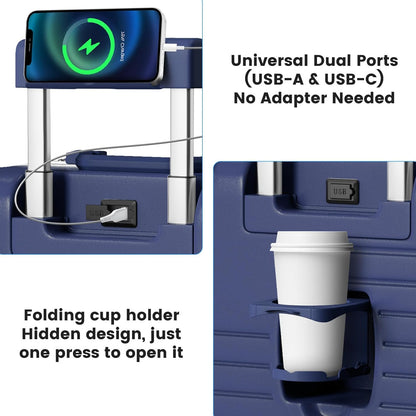 20 Inch Carry on Luggage Airline Approved, Zipperless Hard Shell Suitcase | Cup Holder, PC Aluminum Frame, 360° Spinner Wheels, 22x14x9, TSA Lock, USB Charging Port, Short Trips and Business Travel
