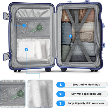 20 Inch Carry on Luggage Airline Approved, Zipperless Hard Shell Suitcase | Cup Holder, PC Aluminum Frame, 360° Spinner Wheels, 22x14x9, TSA Lock, USB Charging Port, Short Trips and Business Travel
