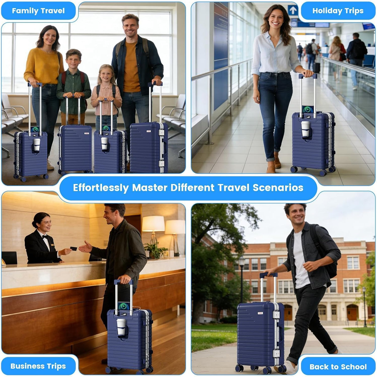 20 Inch Carry on Luggage Airline Approved, Zipperless Hard Shell Suitcase | Cup Holder, PC Aluminum Frame, 360° Spinner Wheels, 22x14x9, TSA Lock, USB Charging Port, Short Trips and Business Travel