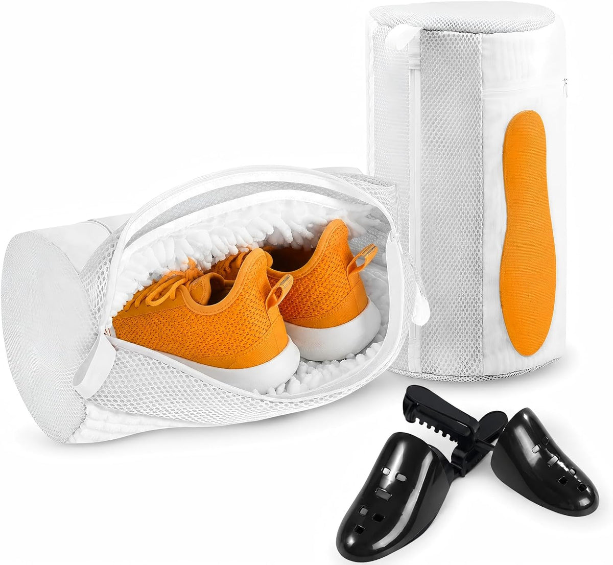 2PCS XXL Shoe Washing Machine Bag with Adjustable Shoes Trees - Heavy Duty Reusable Shoe Laundry Bag for Washer and Dryer - 360° Deep Clean & Protect Chenille Microfiber Sneakers Wash Bags - White